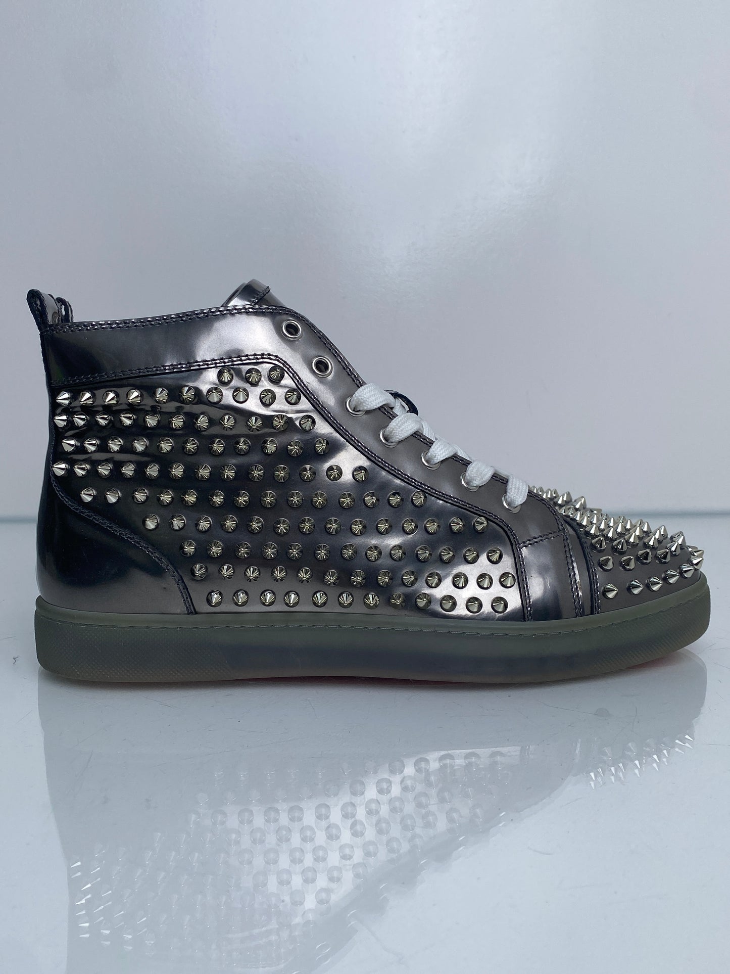 Christian Louboutin Metallic Silver Patent Leather Spiked High-Top Sneakers, 43