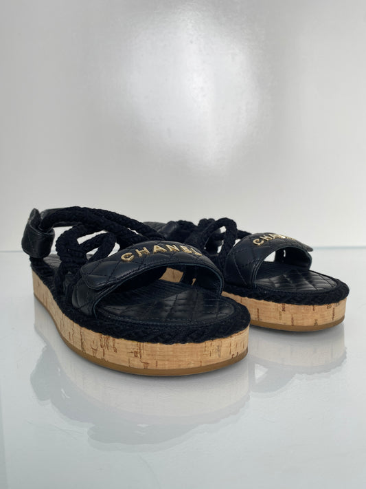 Chanel Black Logo Quilted Rope Sandals, 40