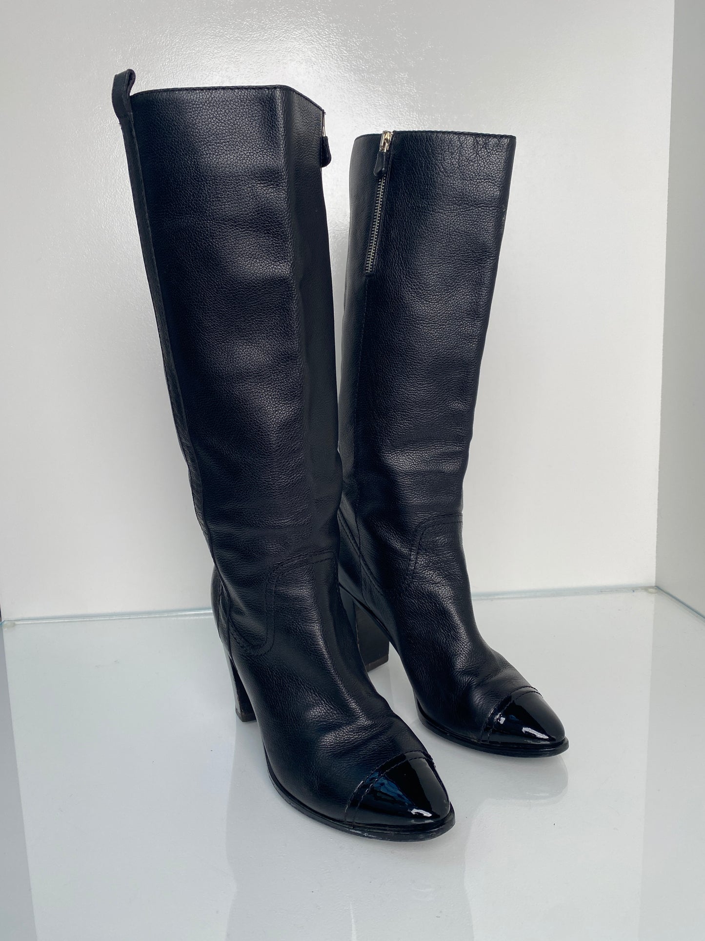 Chanel Tall Black Leather Heeled Boots, 39