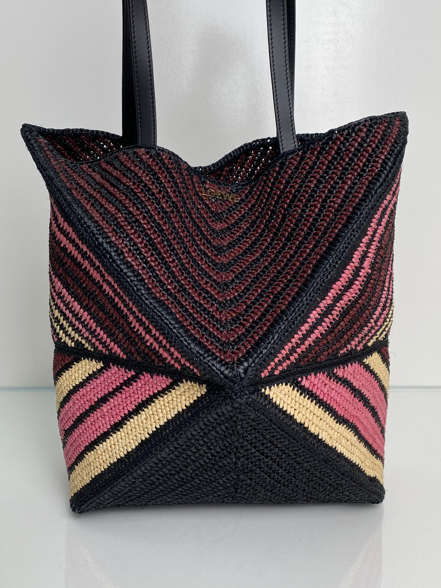 Loewe Pink, Black, & Tan Raffia Puzzle Fold Medium Tote Bag