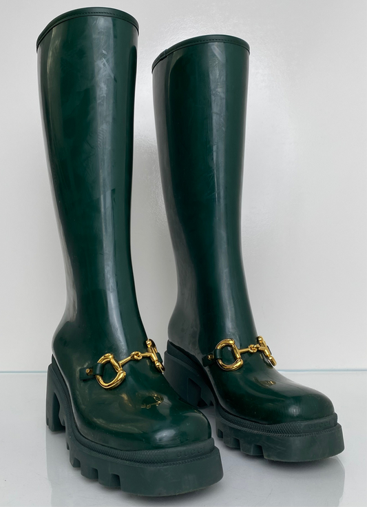 Gucci Dark Green Horsebit Platform Rainboots, 39