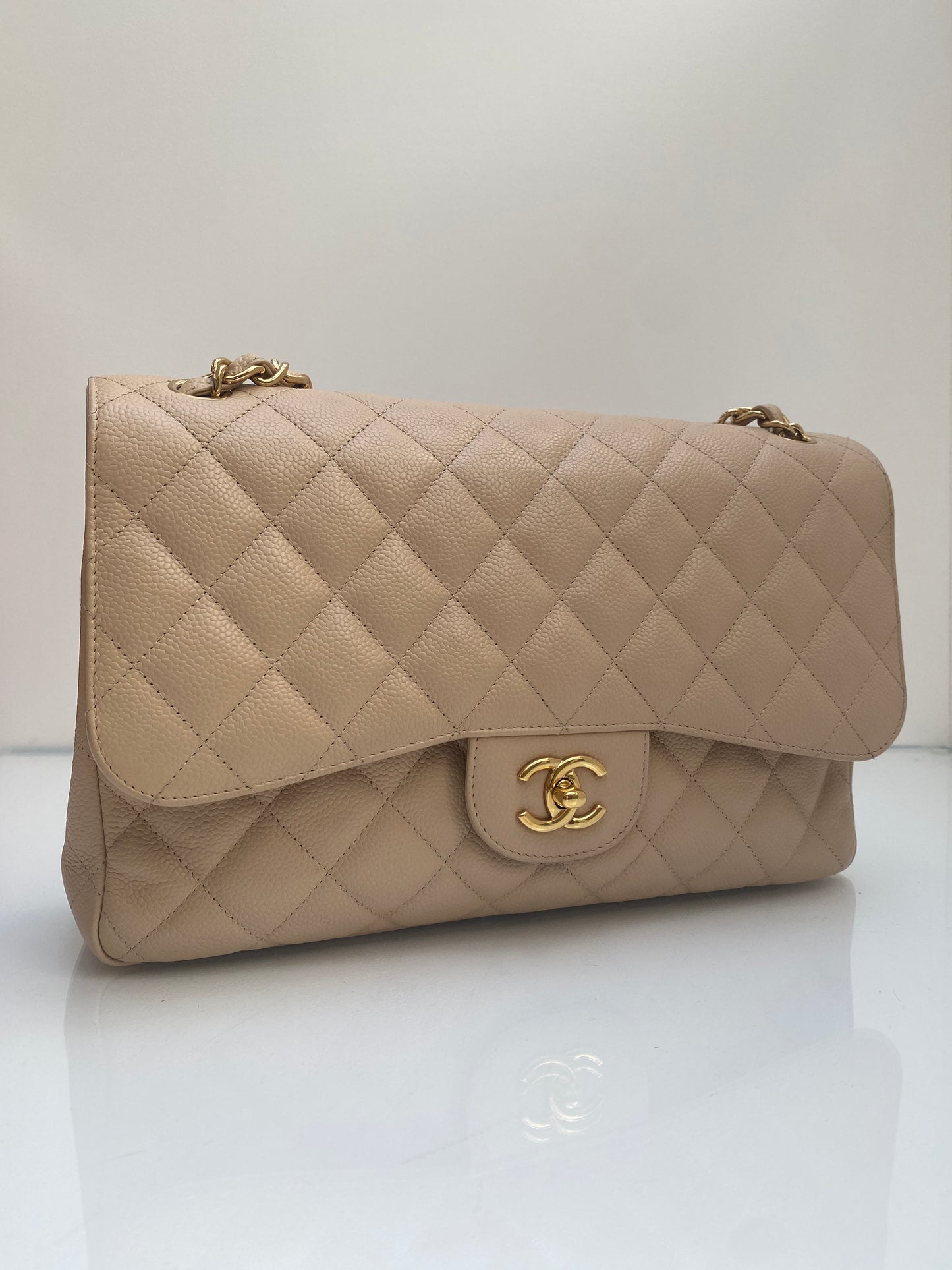 Chanel Beige Jumbo Double Flap Caviar GHW Bag