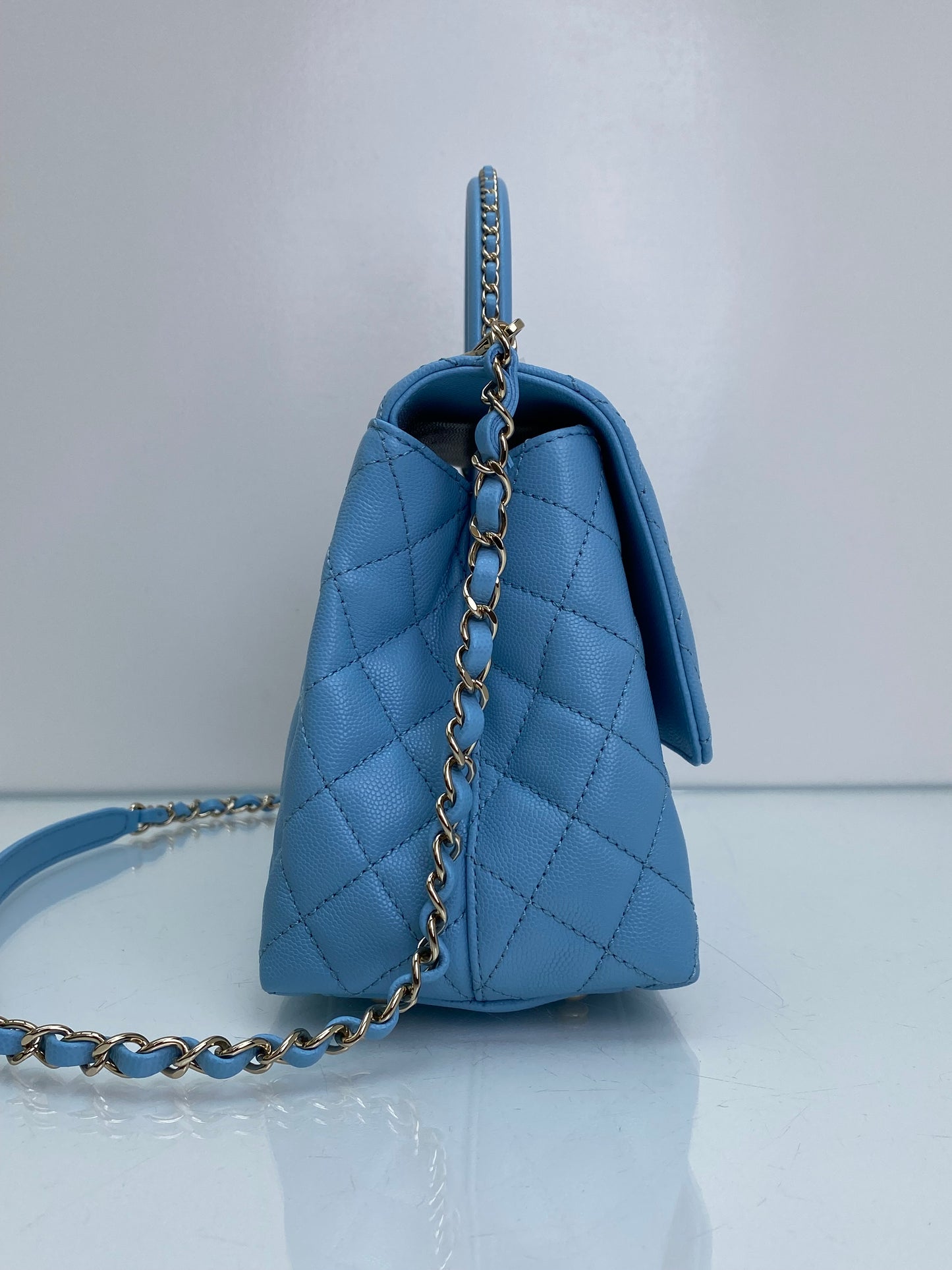 Chanel Coco Handle Medium Baby Blue Chain Detail GHW