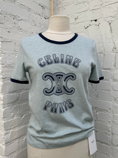 Celine Light  Blue & Navy Retro Logo T Shirt, M