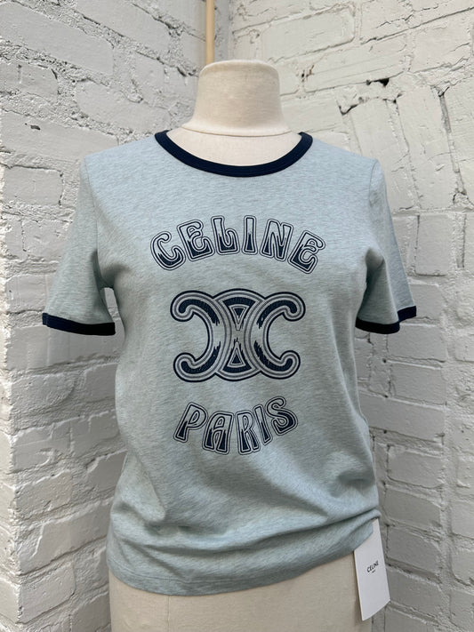 Celine Light  Blue & Navy Retro Logo T Shirt, M