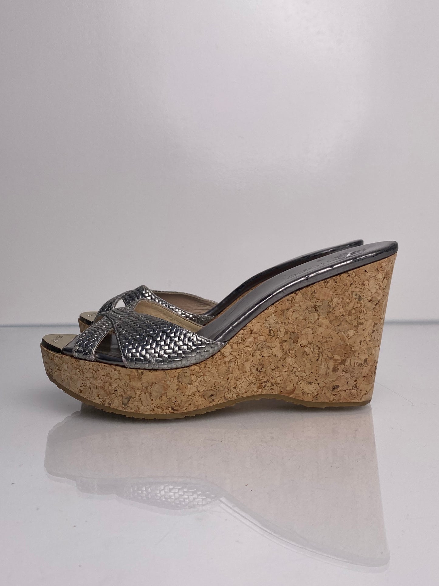 Jimmy Choo Silver Cork Wedges, 42