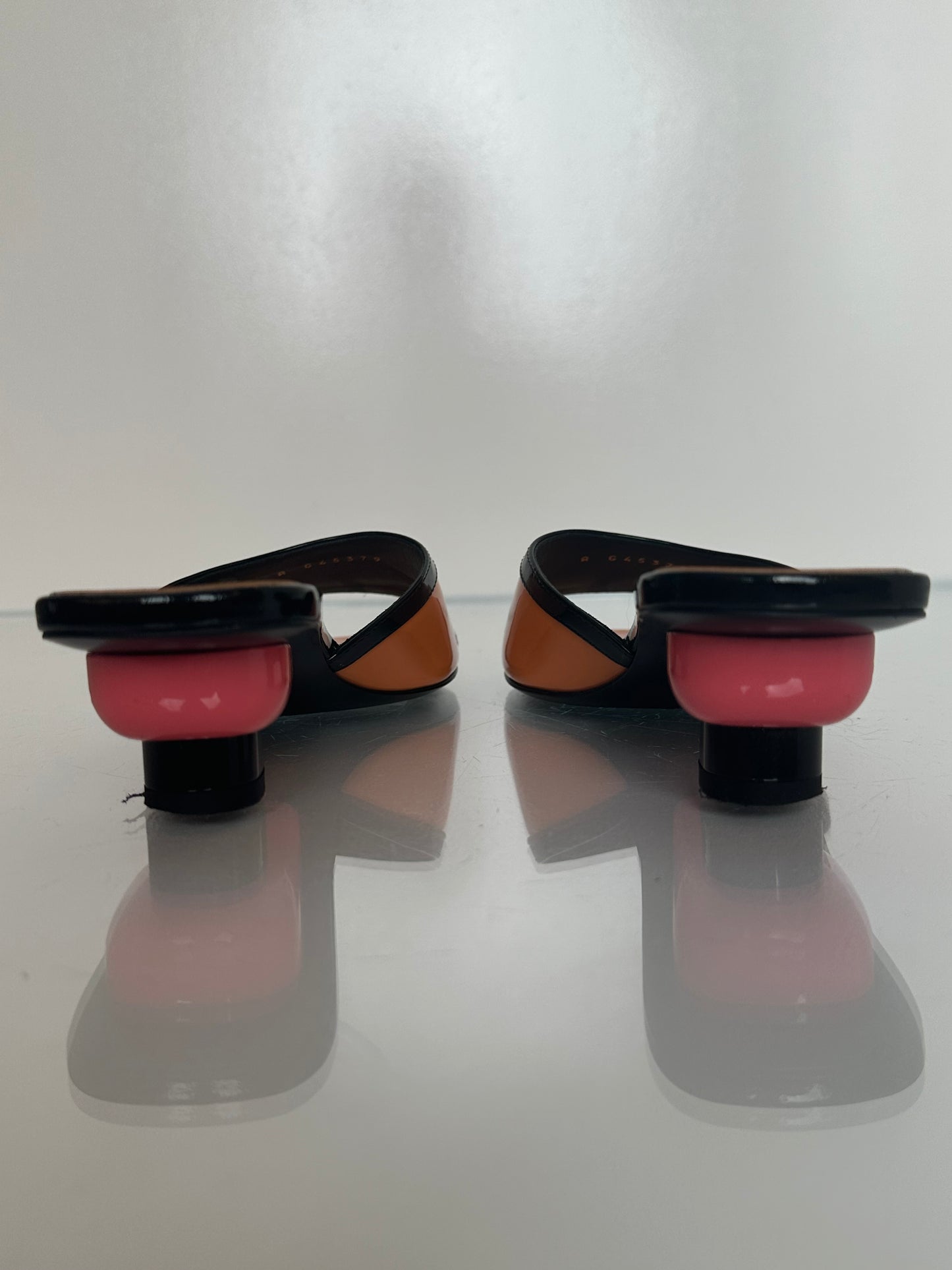 Chanel Orange, Pink, & Black Patent Kitten Heels, 37