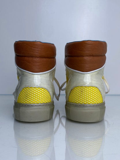 Balenciaga Men’s Yellow, Red, Brown, & White Color Block High Top Sneakers, 43