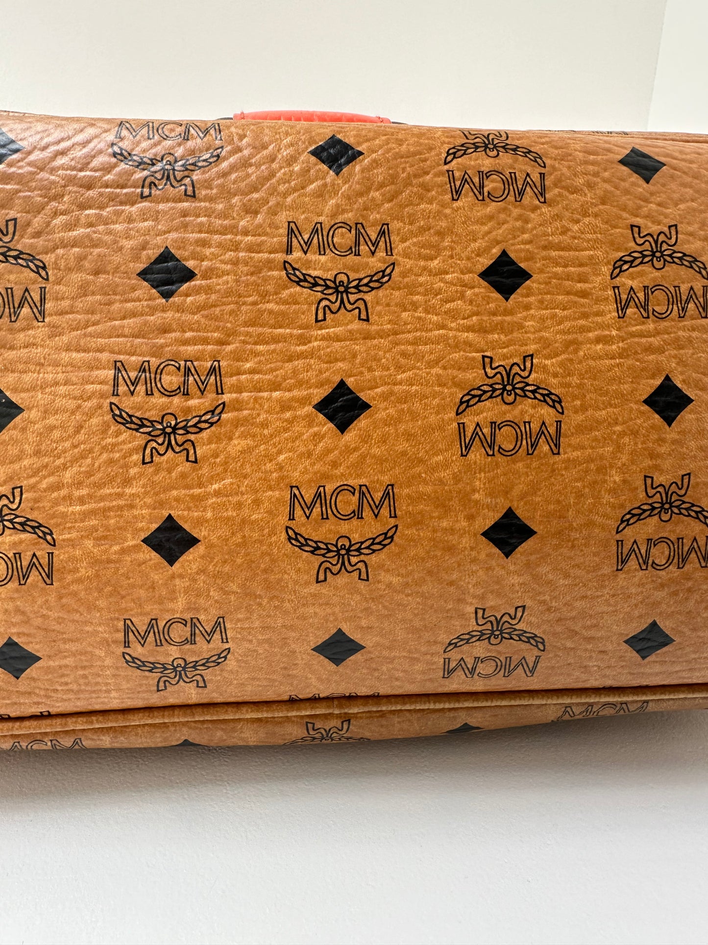 MCM Tan Logo Tote Orange Embossed Stripe