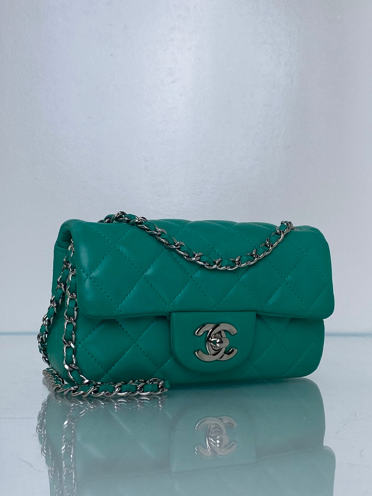 Chanel Mint Green Lambskin Quilted Mini Rectangle Classic Flap Bag SHW