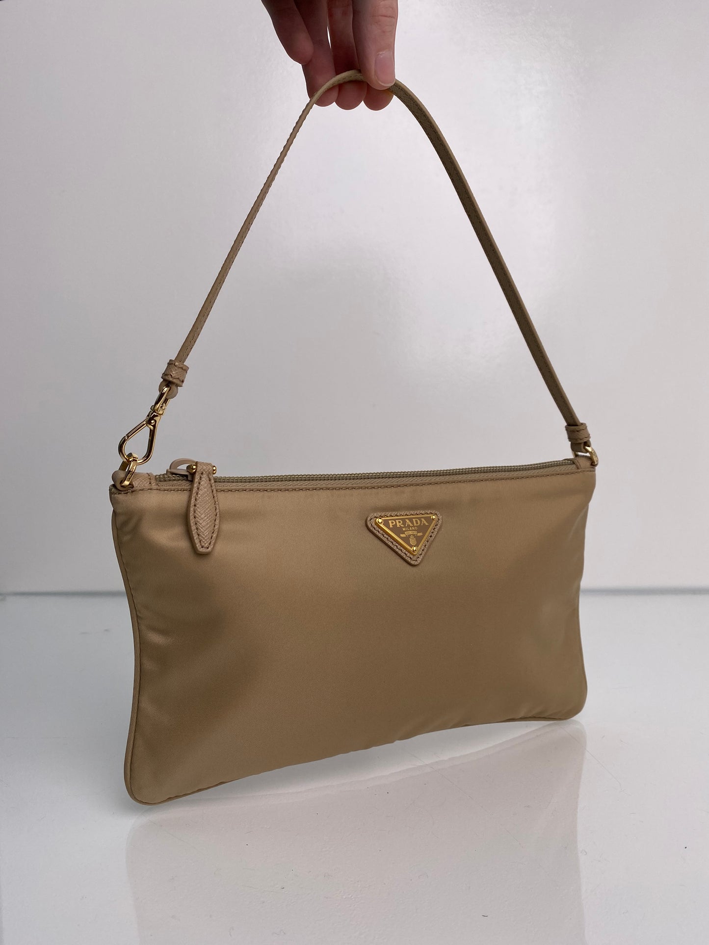 Prada Beige Nylon Pochette Shoulder Bag GHW