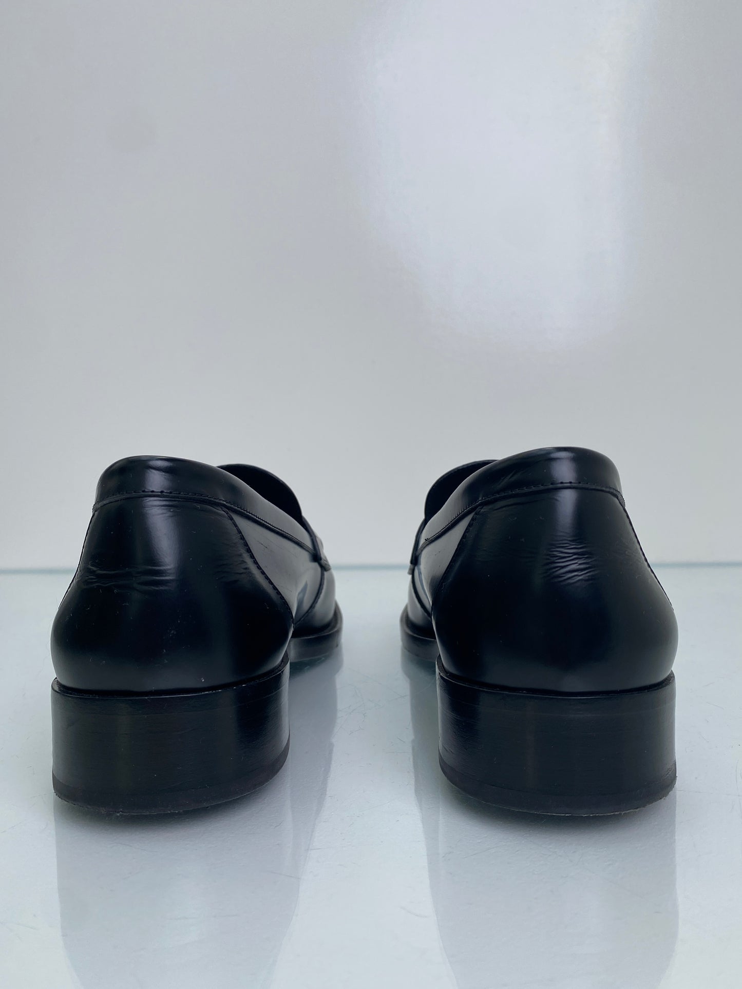 Chanel Black, White, & Gold CC Leather Loafers, 42