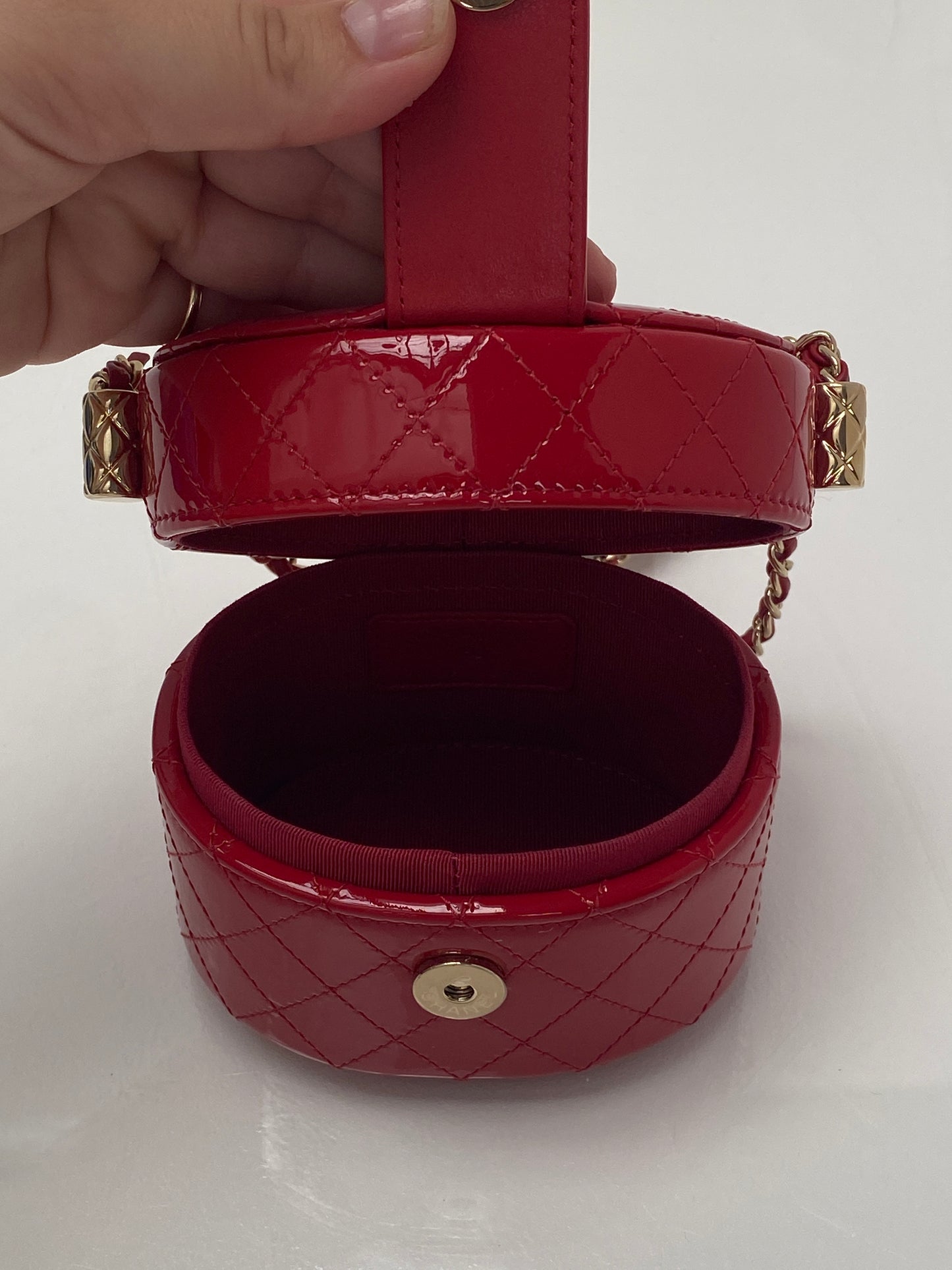 Chanel Red Patent Quilted Small Round Vanity GHW