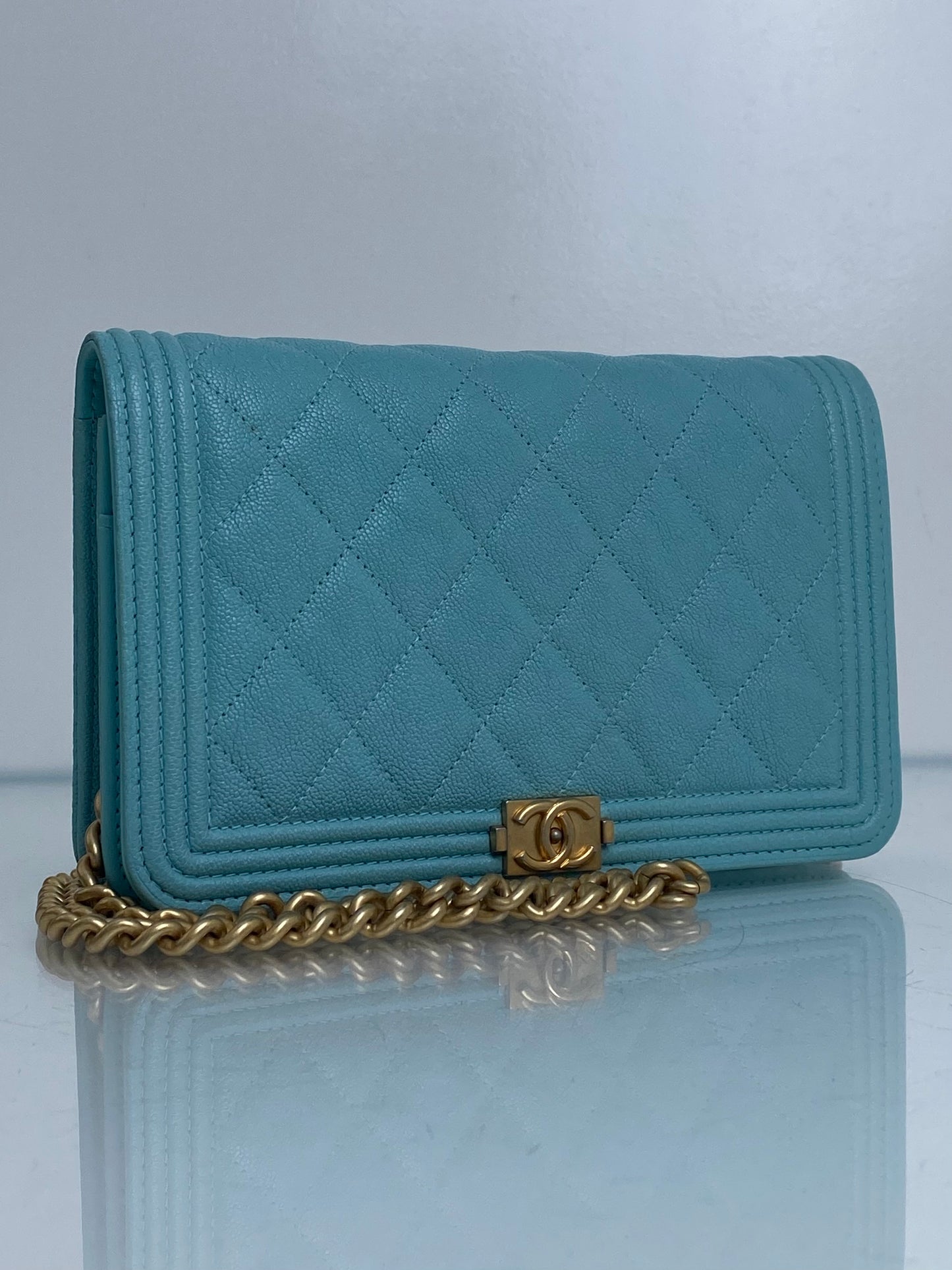 Chanel Tiffany Blue Caviar Boy Wallet on Chain GHW