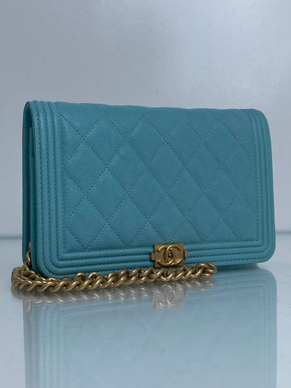 Chanel Tiffany Blue Caviar Boy Wallet On Chain GHW