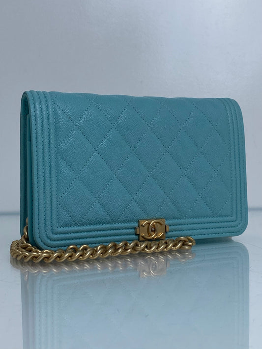 Chanel Tiffany Blue Caviar Boy Wallet on Chain GHW