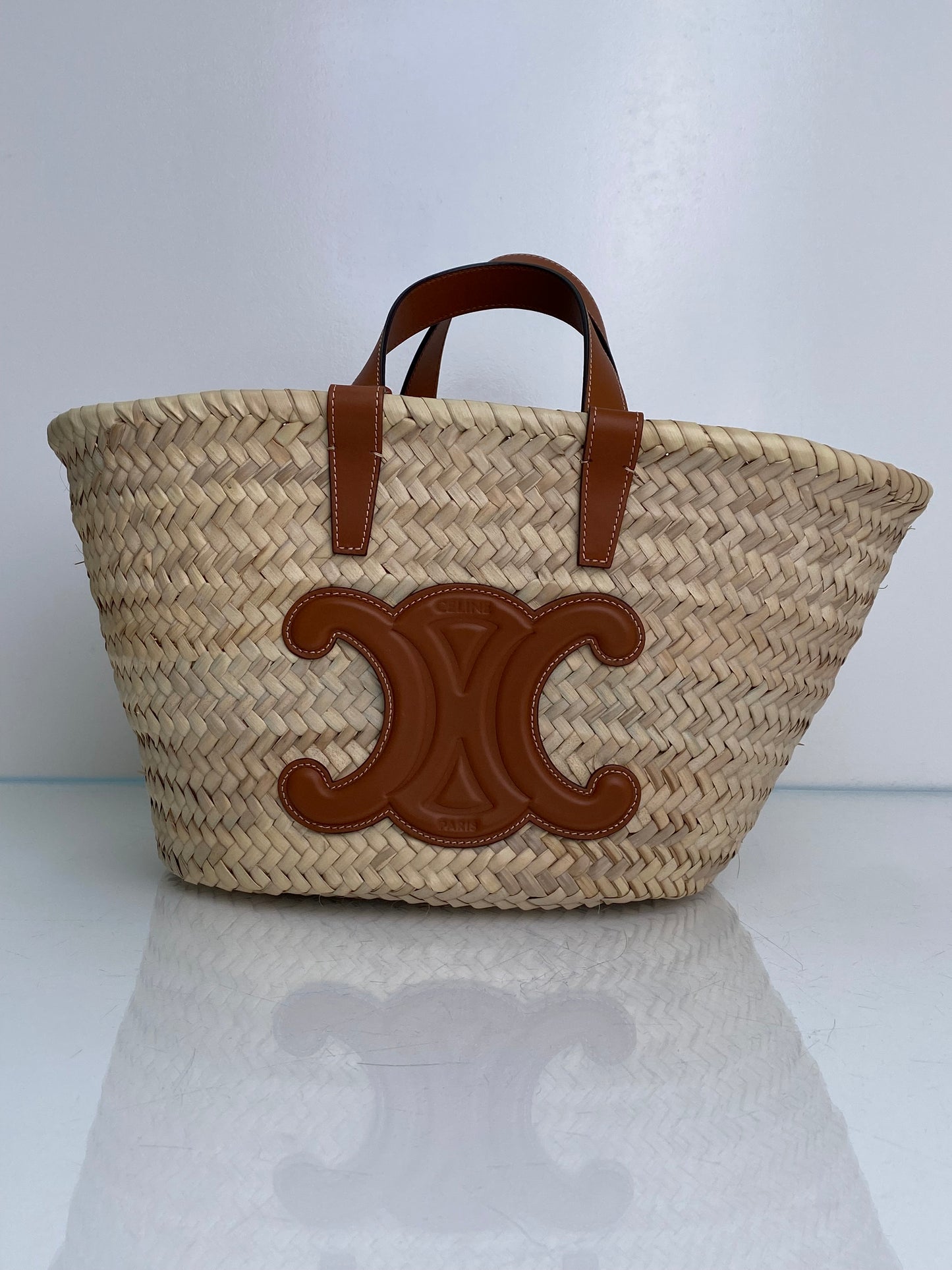 Celine Triomphe Tan & Brown Classic Panier Raffia Basket Bag