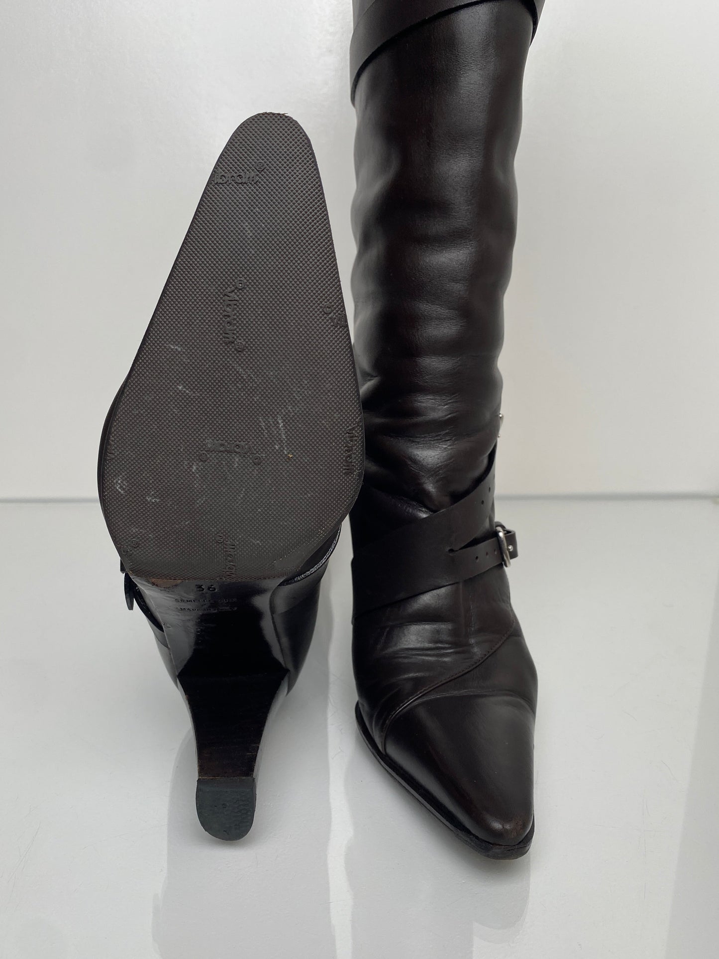 Hermes Brown Leather Buckle Heeled Boots, 36