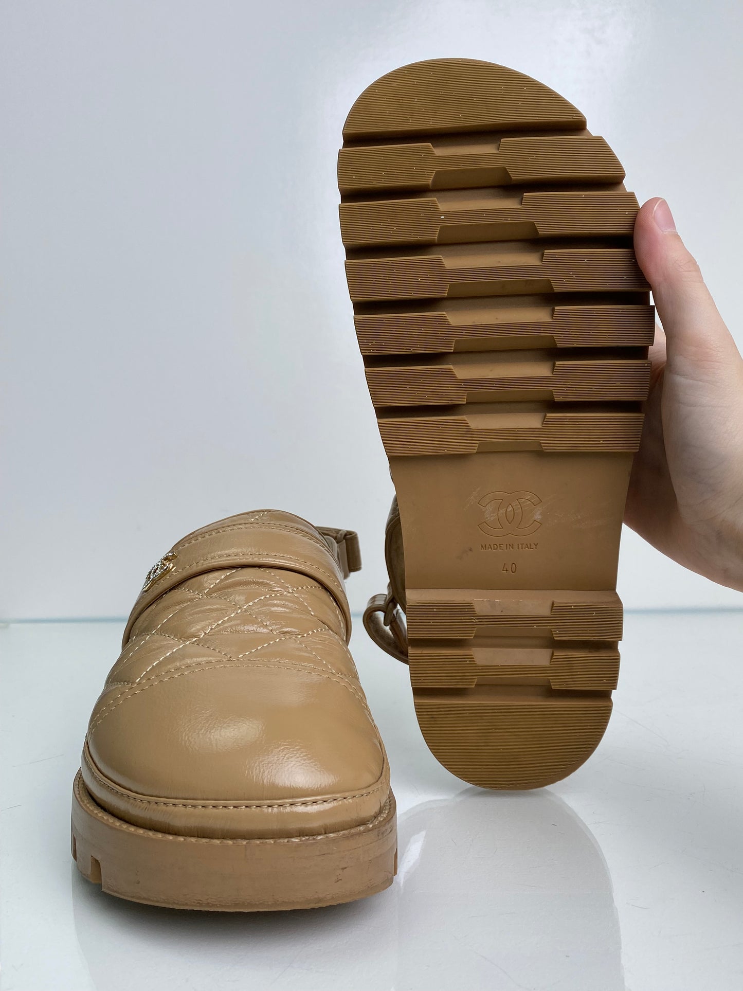 Chanel Beige Patent Leather & Shearling CC Clogs, 40