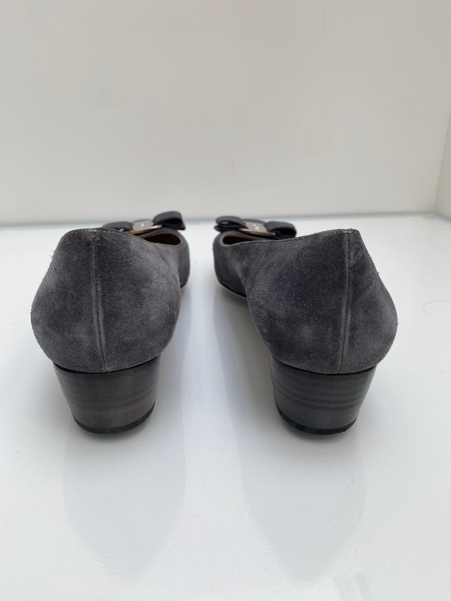 Salvatore Ferragamo Grey Suede Block Heels, 10