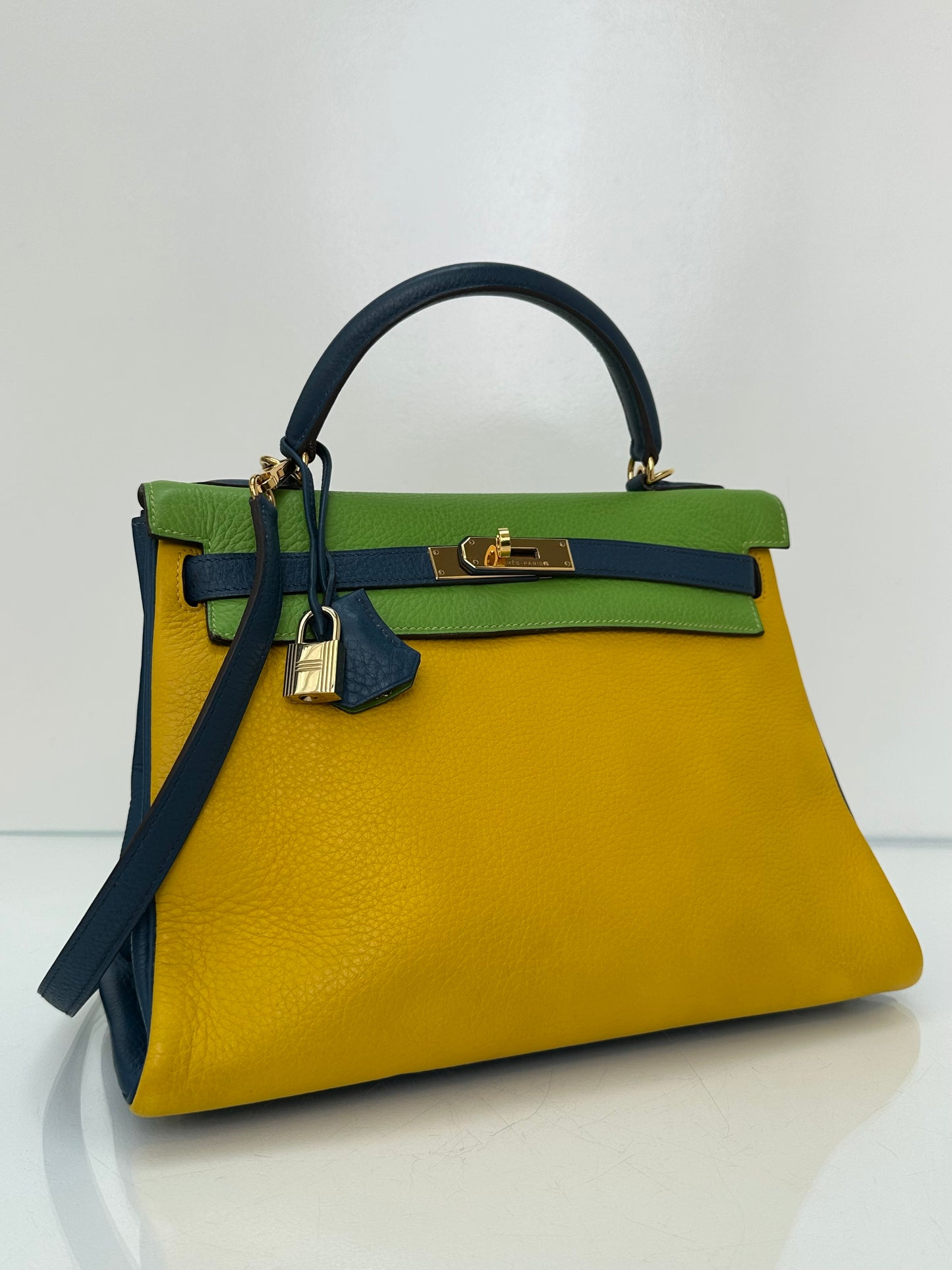 Hermes Kelly 32 Vert Cru, Jaune, and Blue Thalassa Clemence GHW #G