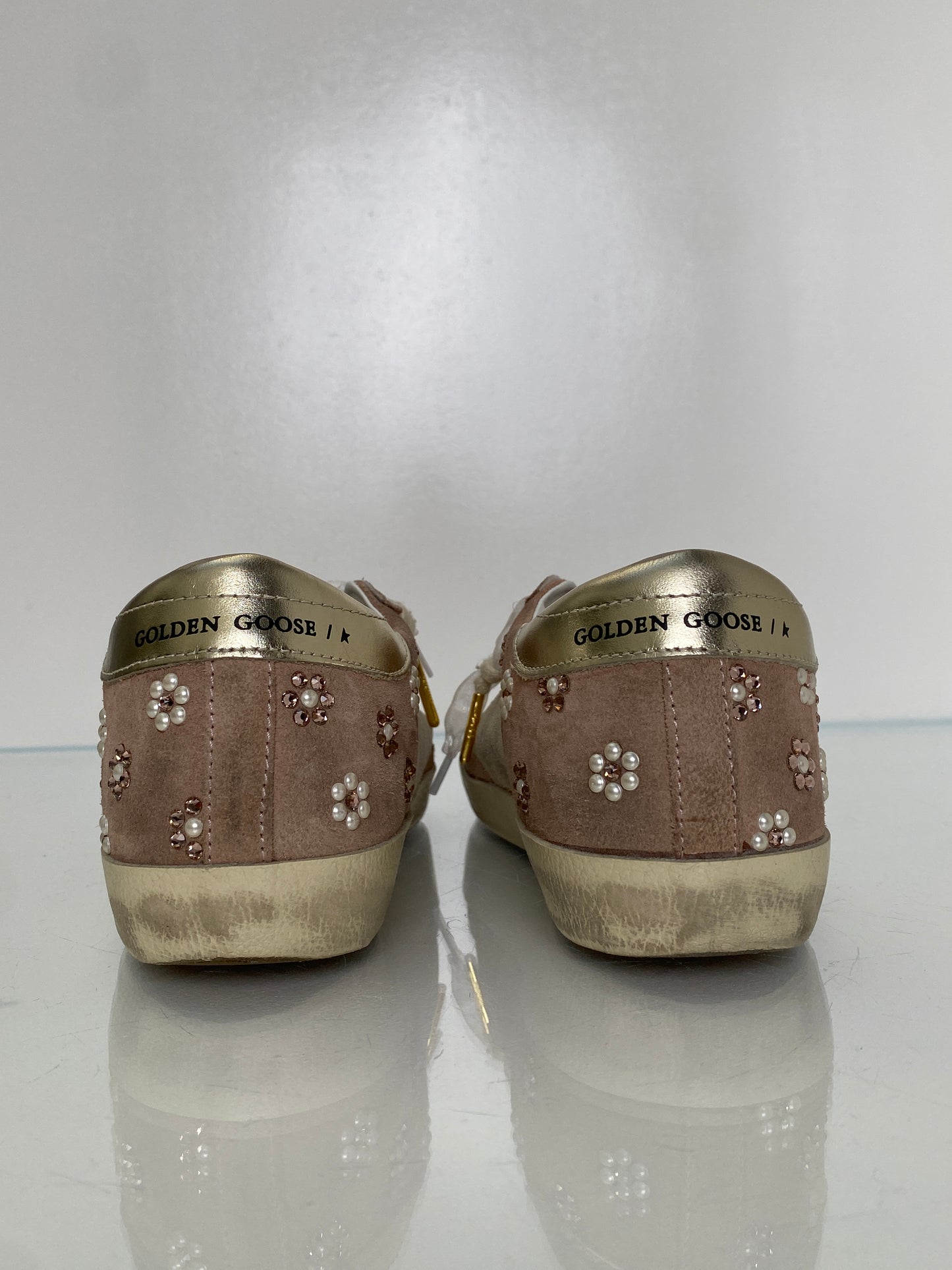 Golden Goose Pink & Tan Suede Pearl Flower Sneakers, 37