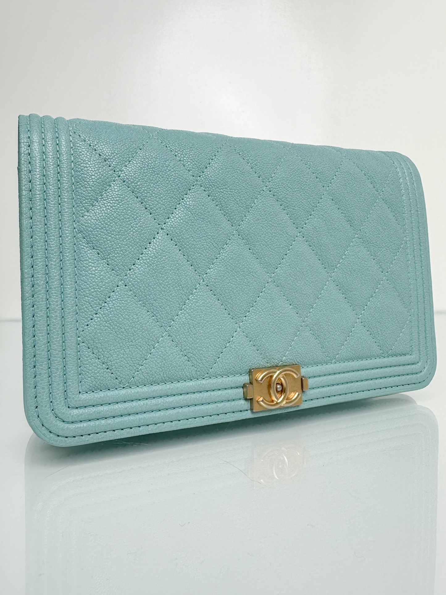 Chanel Tiffany Blue Caviar Boy Wallet on Chain GHW