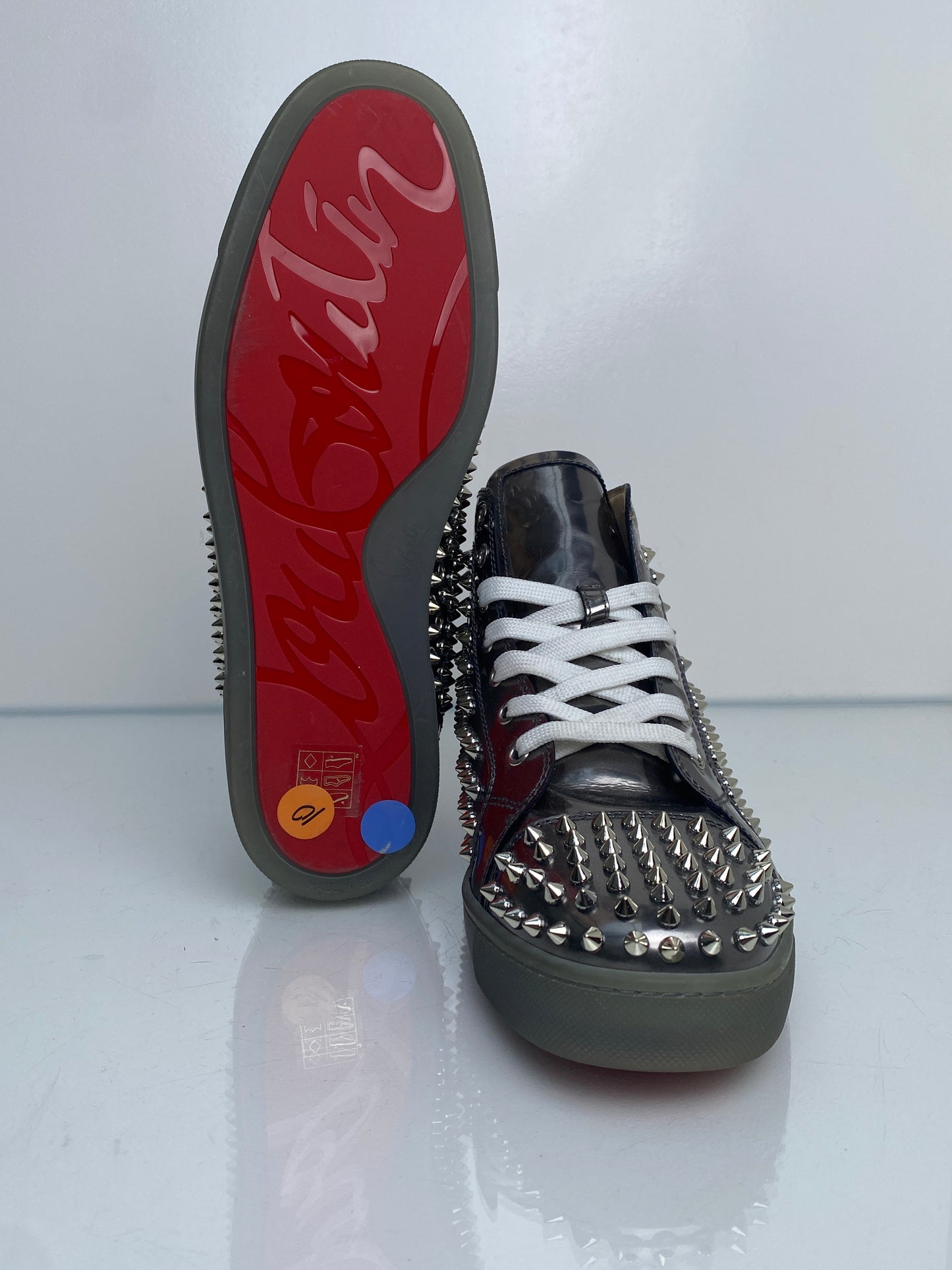 Christian Louboutin Metallic Silver Patent Leather Spiked High-Top Sneakers, 43