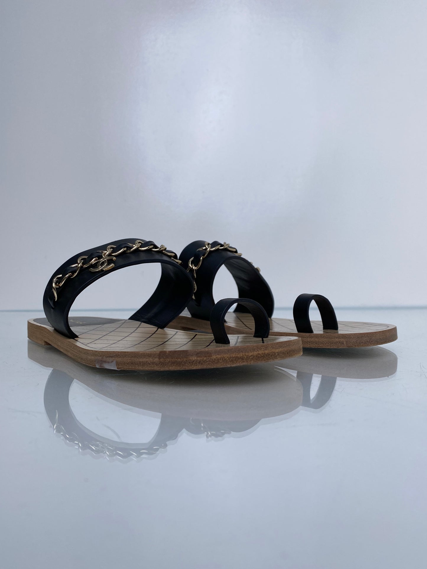 Chanel Black Interlocking CC Chain Sandals, 39.5