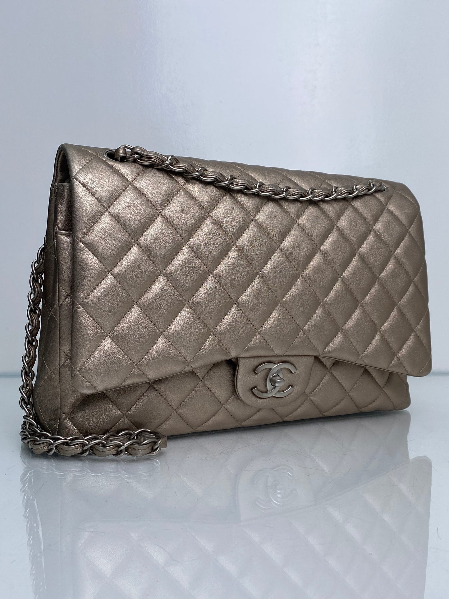Chanel Single Flap Maxi Lambskin Pewter SHW