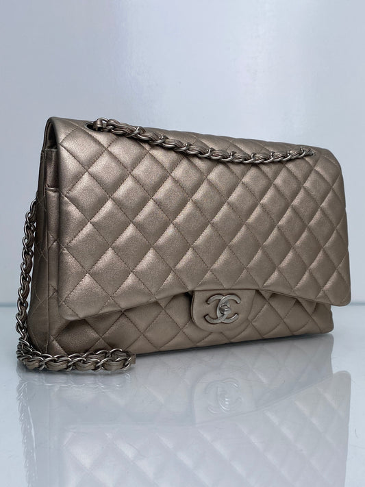 Chanel Single Flap Maxi Lambskin Pewter SHW