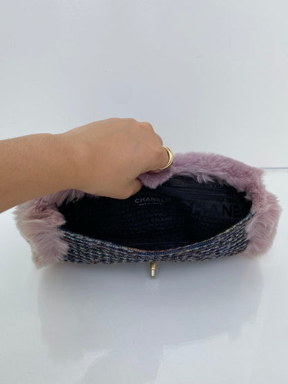 Chanel Pink Rabbit Fur-Trimmed & Blue Tweed Fantasy Flap Shoulder Bag RHW