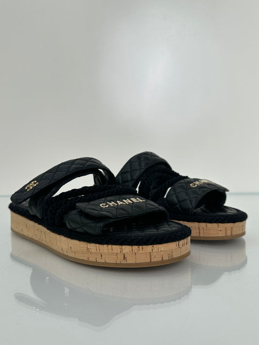 Chanel Black Quilted & Rope “Chanel” Logo Sandals, 39