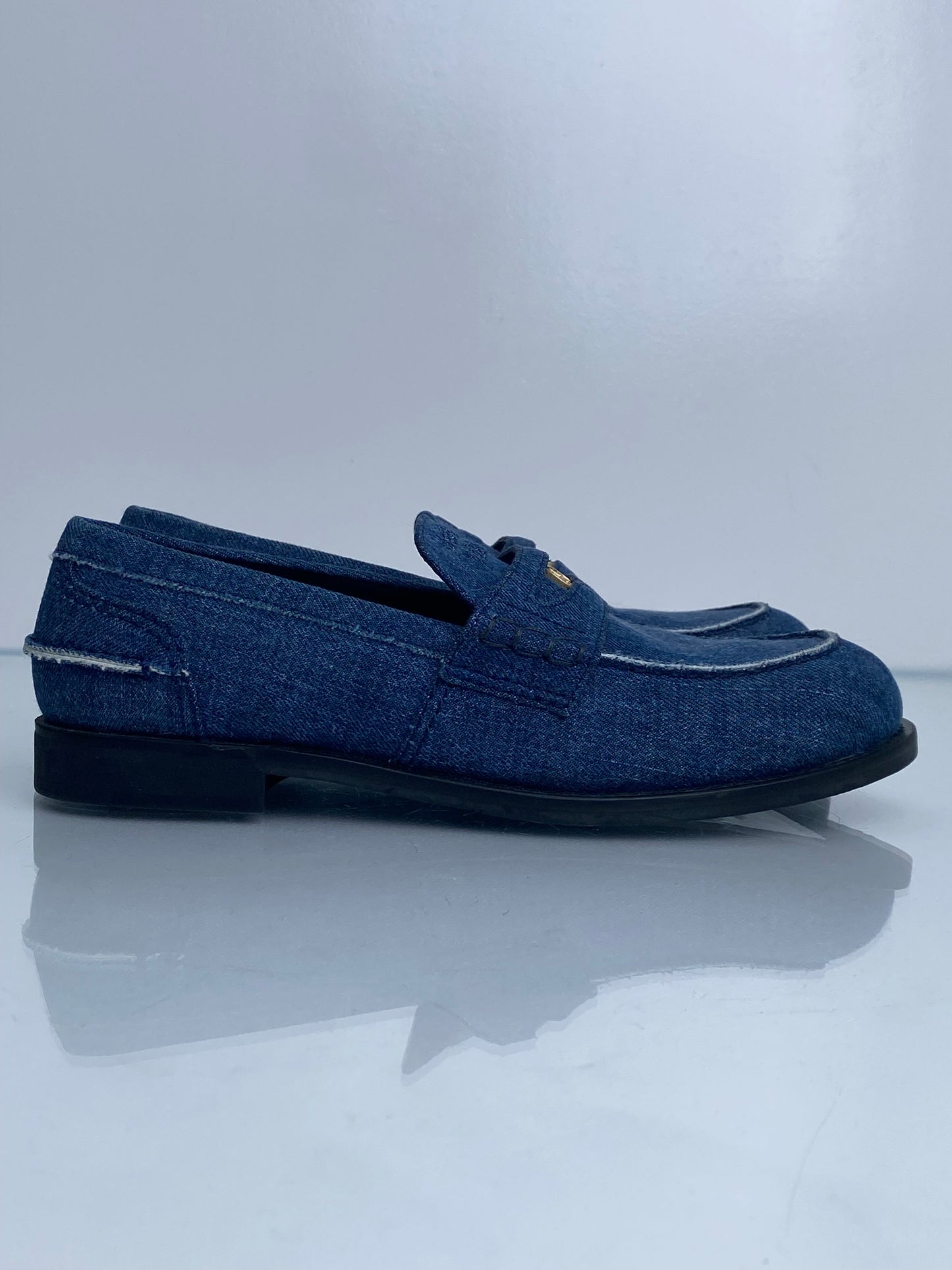 Miu Miu Denim Penny Loafers, 38.5