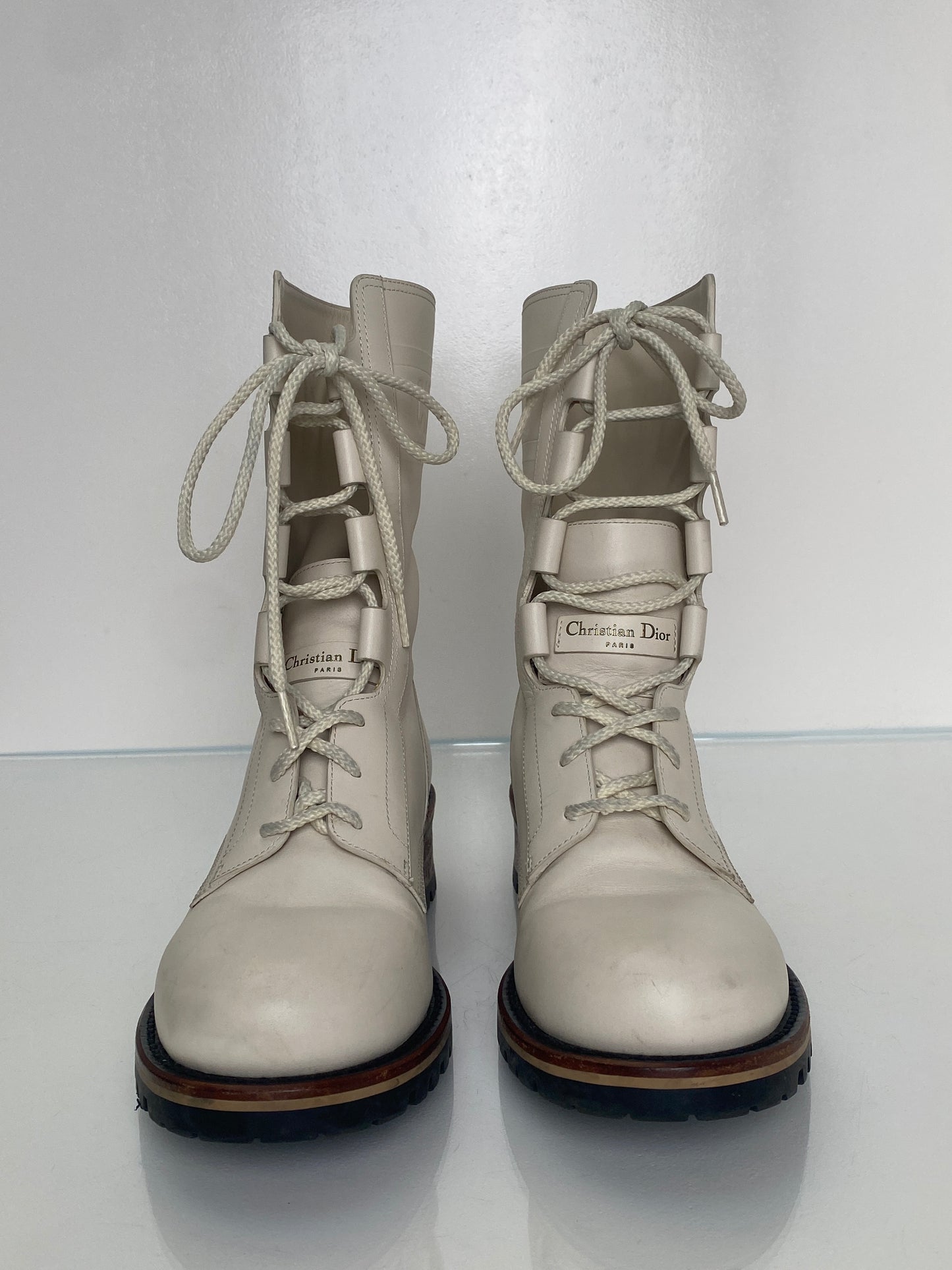 Dior White Logo Leather Combat Boots, 39