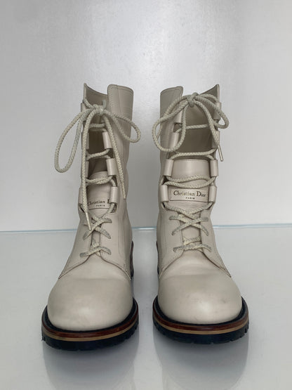 Dior White Logo Leather Combat Boots, 39