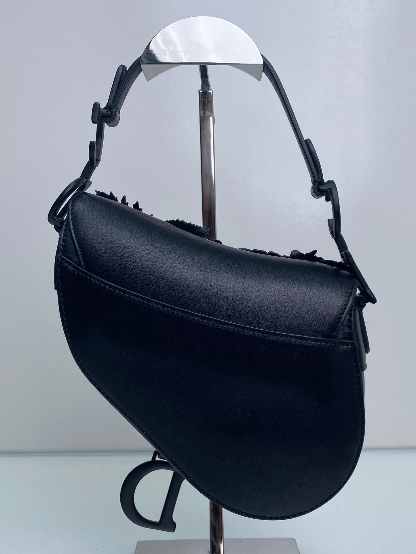Christian Dior Black Lambskin Floral Appliqué Mini Saddle Bag BHW
