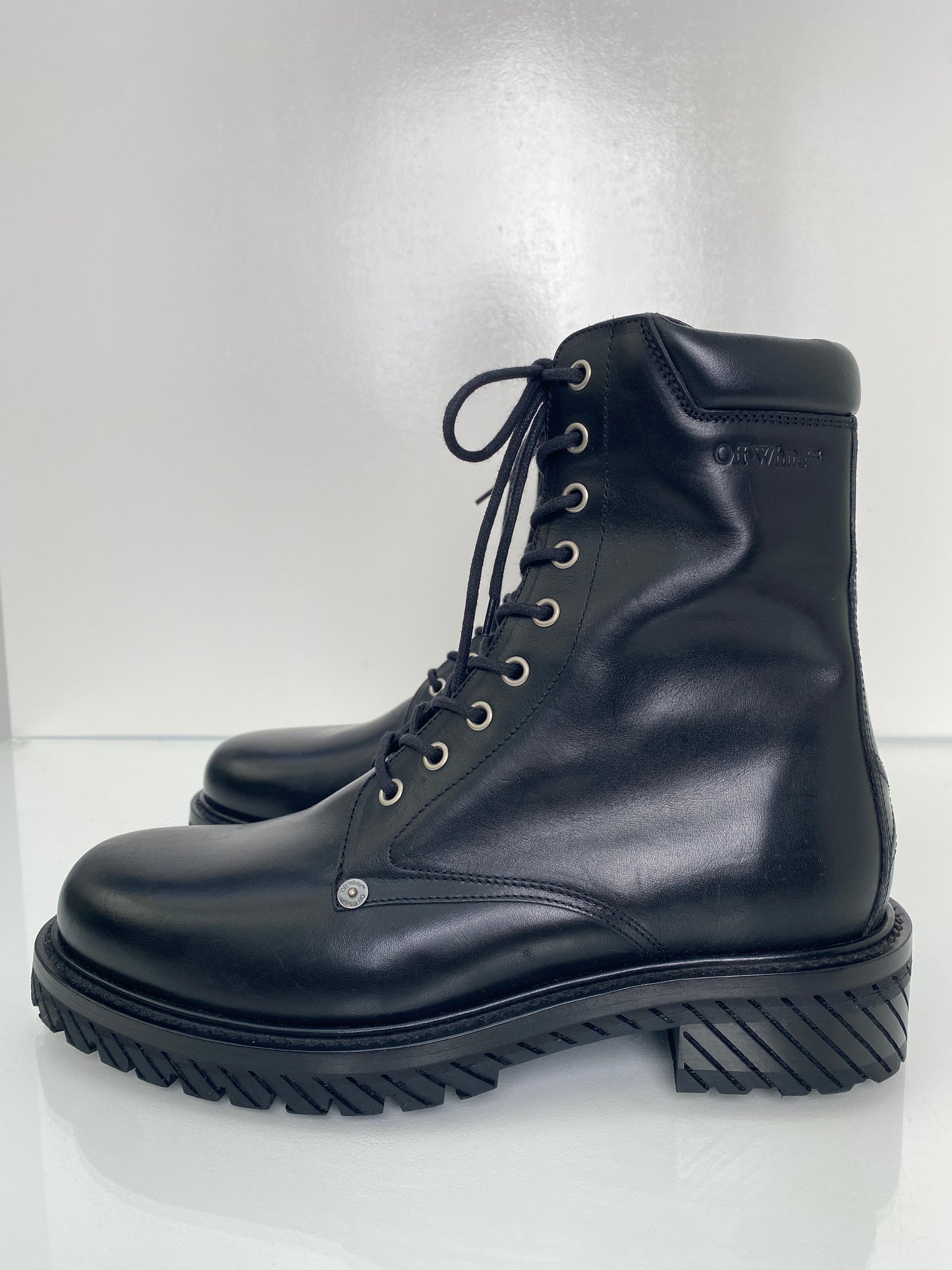 Off White Black Lace Up Combat Boots, 42