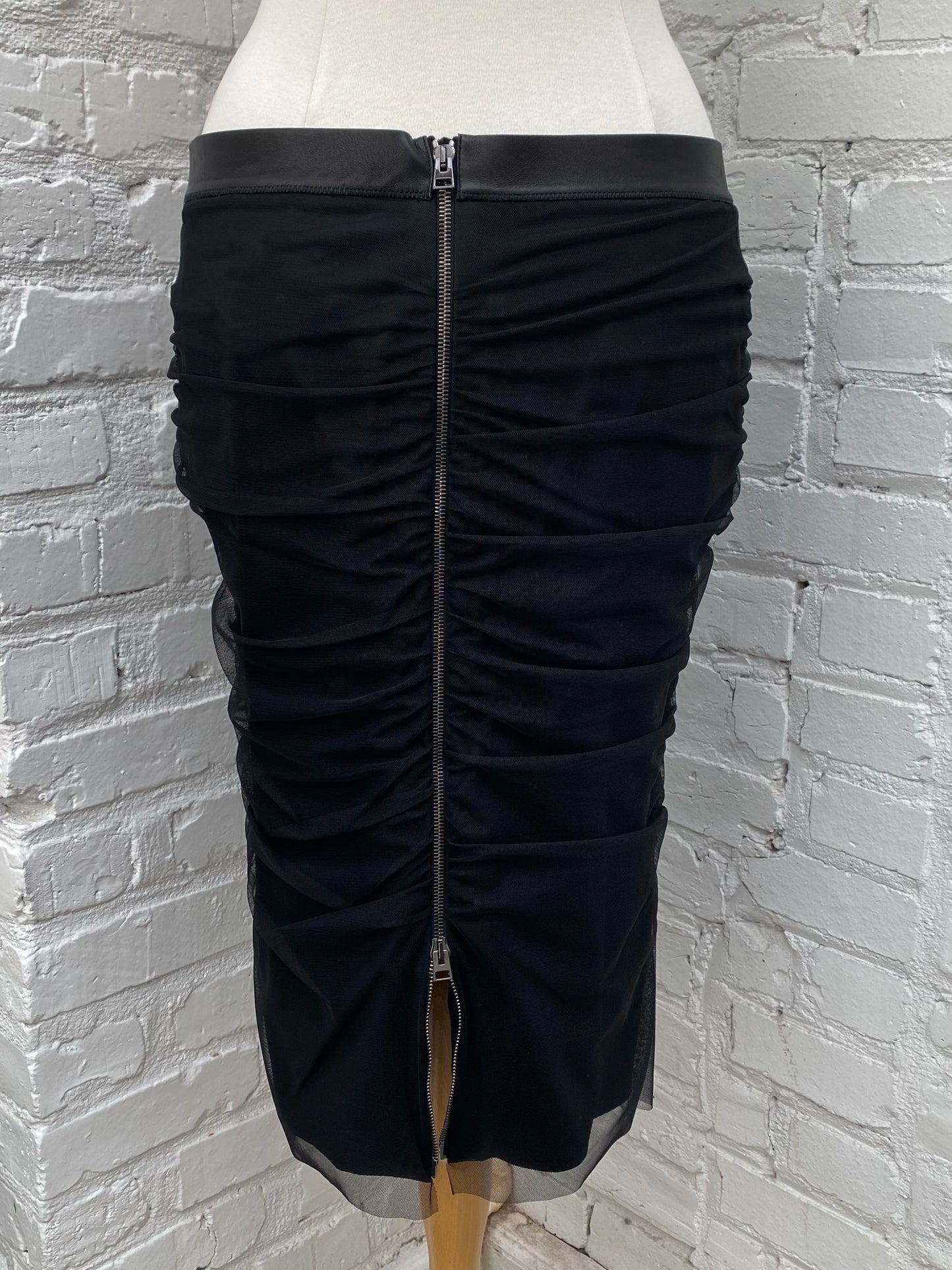 Tom Ford Black Leather, Silk, & Tulle Midi Skirt, 44