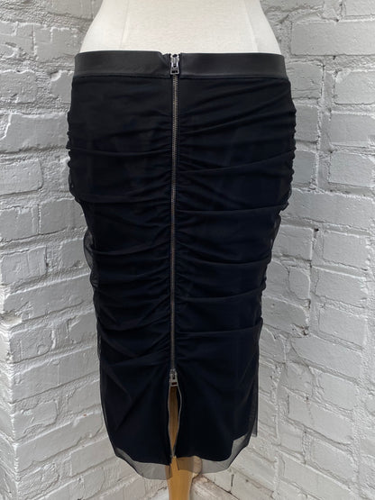 Tom Ford Black Leather, Silk, & Tulle Midi Skirt, 44