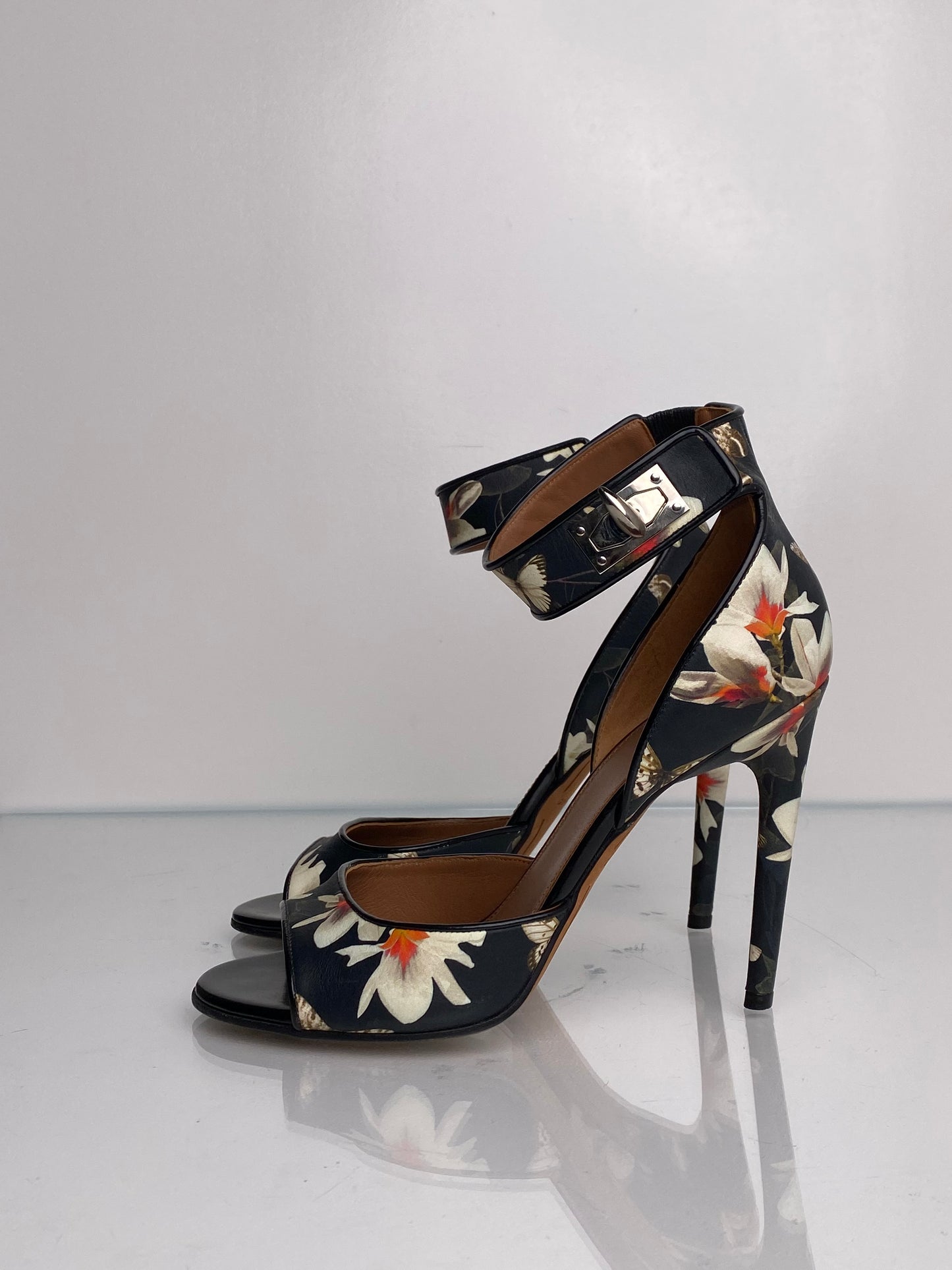 Givenchy Black Floral Leather Sandals, Size 38.5