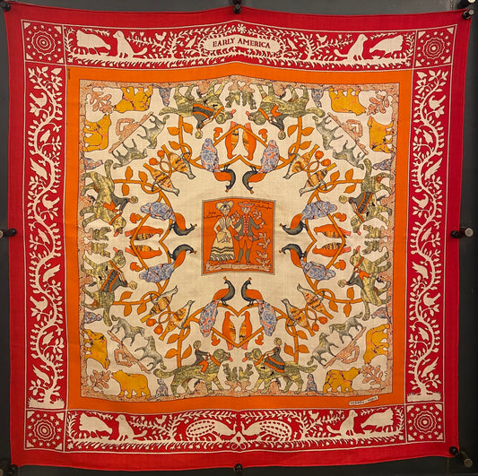 Hermes Vintage Red & Orange 'Early America' Chasmere & Silk Scarf (As Is)