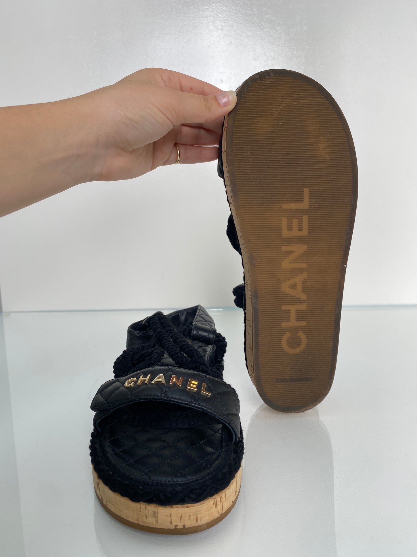 Chanel Black Logo Quilted Rope Sandals, 40