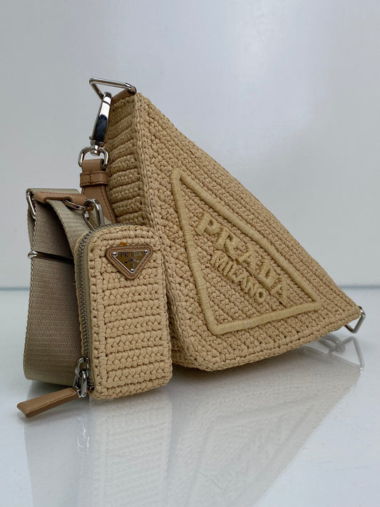 Prada Tan Raffia Logo Triangle Bag SHW