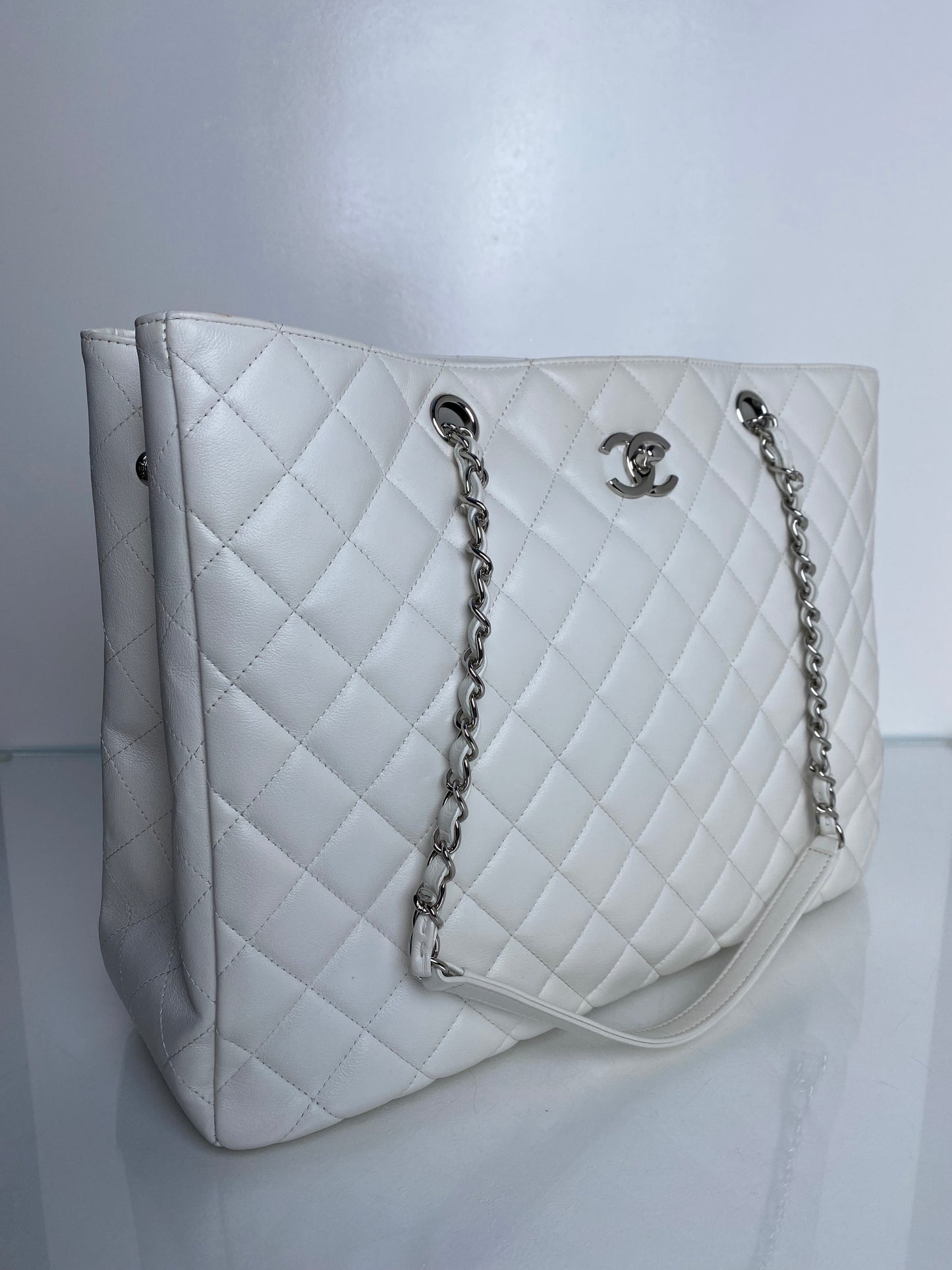 Chanel White Lambskin Quilted Tote Bag SHW