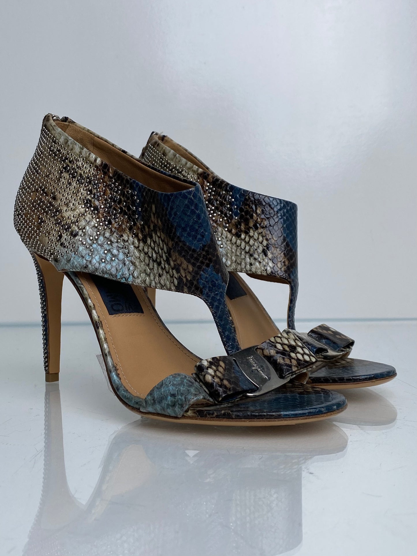 Salvatore Ferragamo Snakeskin Studded Heels, 8.5