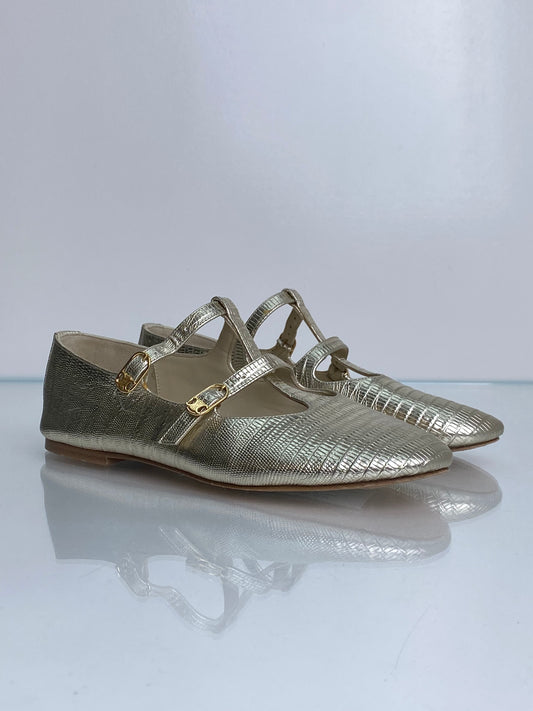 Celine Metallic Gold Embossed Ballet Flats, 38.5