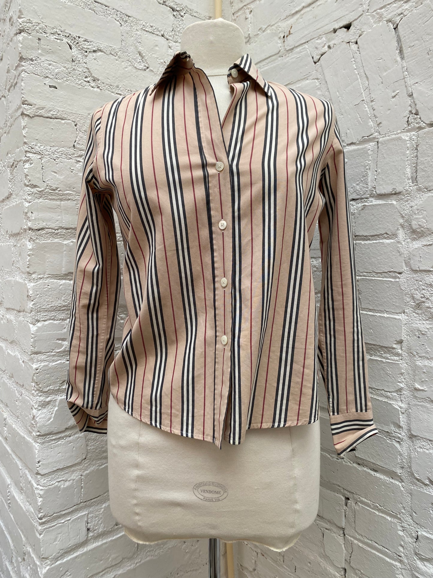 Burberry Brown, Black & Burgundy Striped Long Sleeve Button Down, S