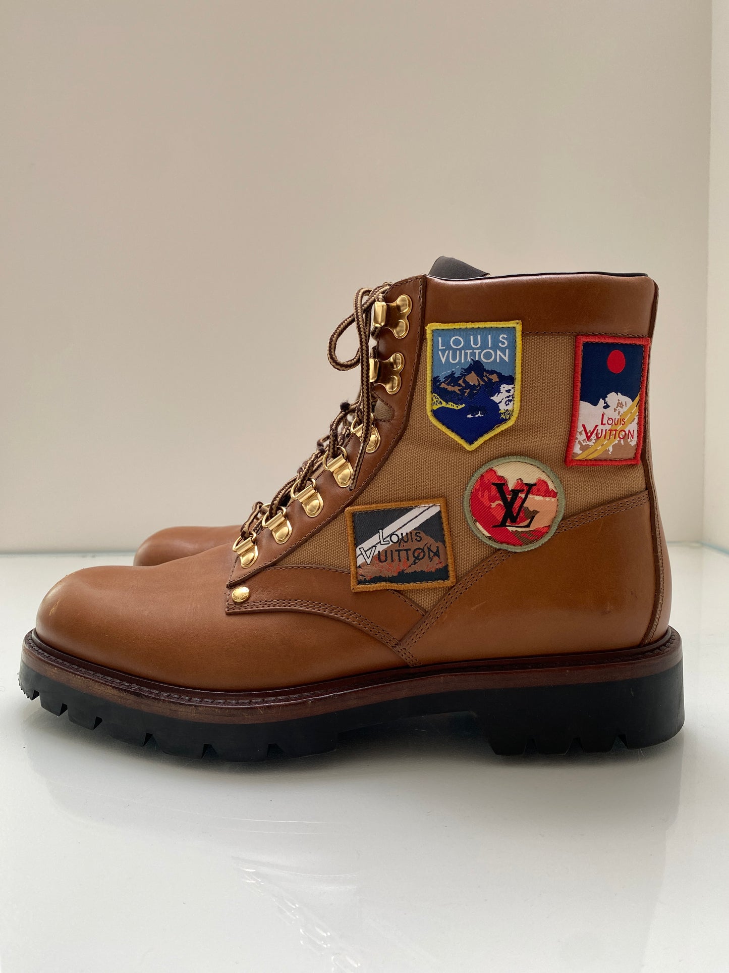 Louis Vuitton Brown Leather Hiking Boots w Patches, 8.5