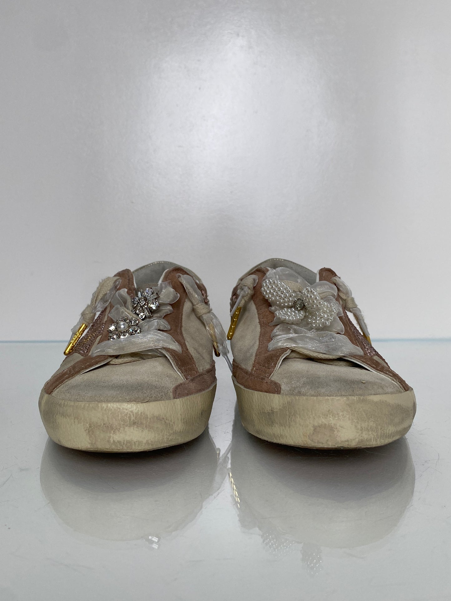Golden Goose Pink & Tan Suede Pearl Flower Sneakers, 37